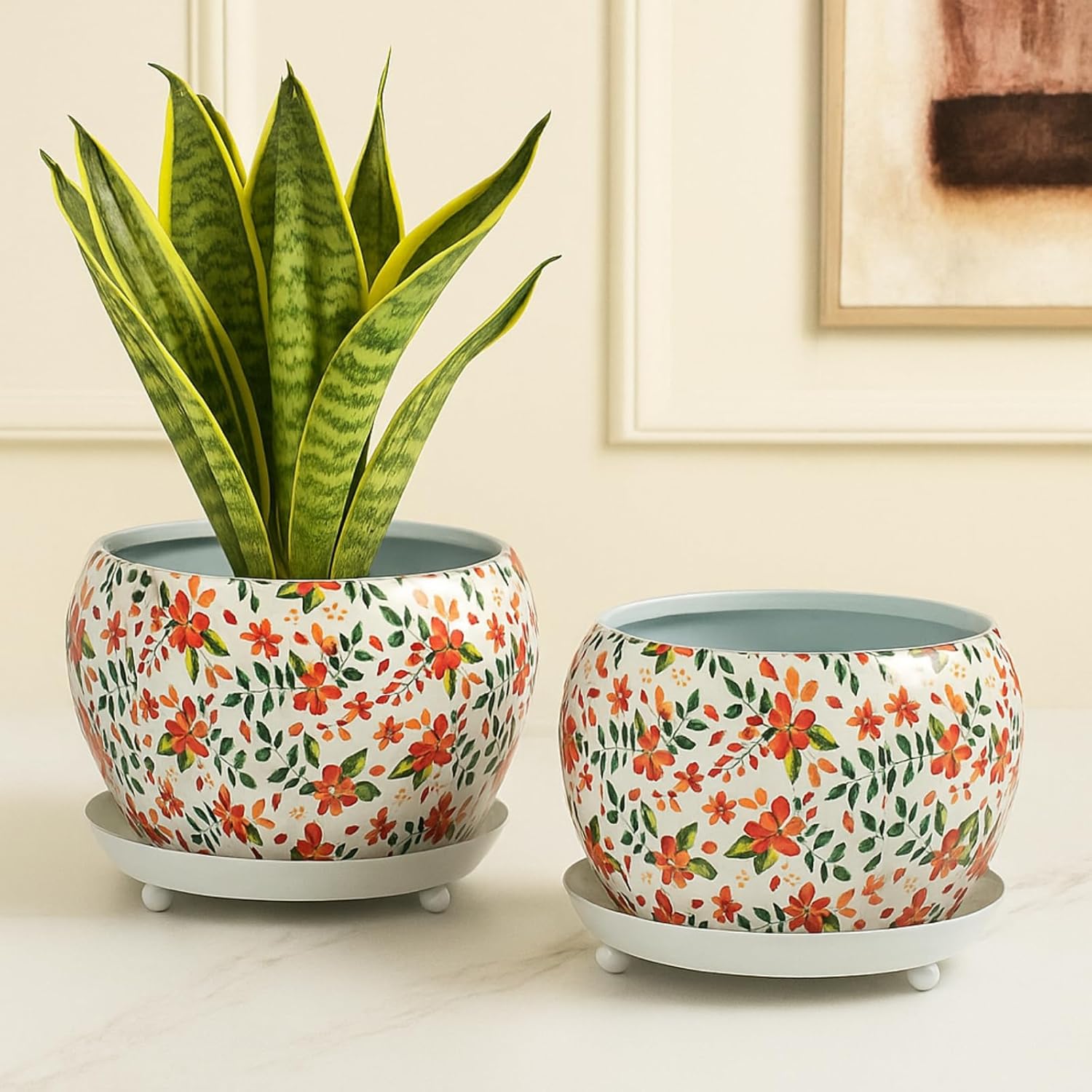 Lily Designer Leaf Metal Plant Pot with Saucer Plate