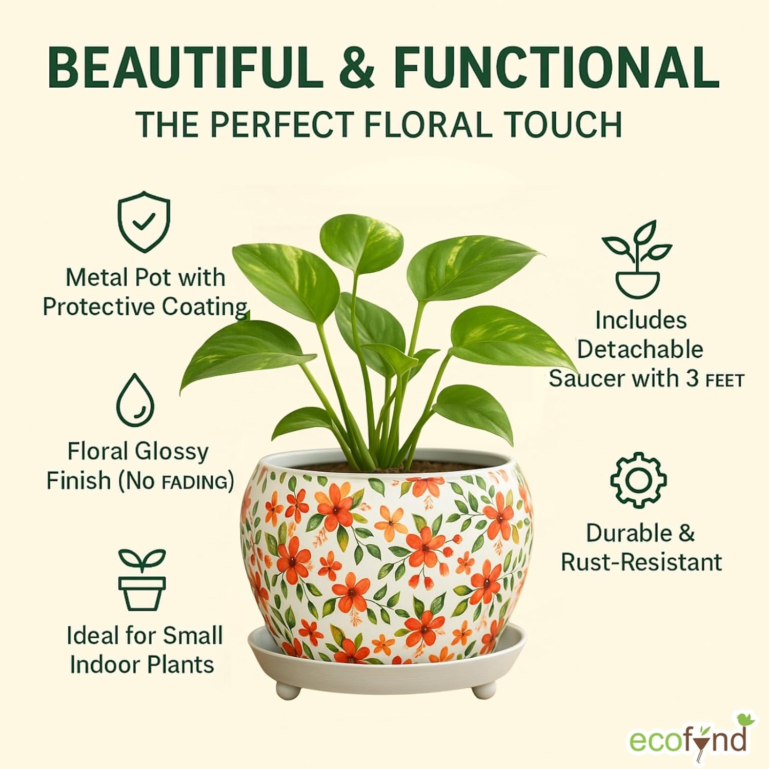 Lily Designer Leaf Metal Plant Pot with Saucer Plate